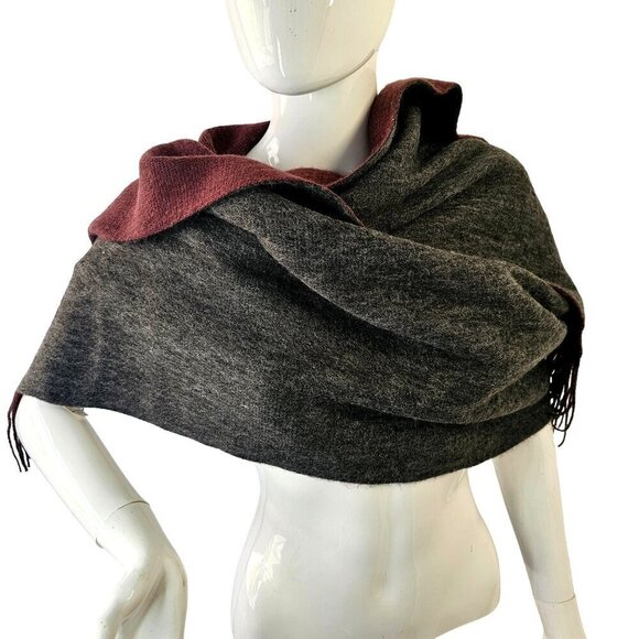 Garage Reversible Fringed Scarf Wrap Shawl Burgundy Gray Acrylic Oblong 78 X 17 - Picture 6 of 10